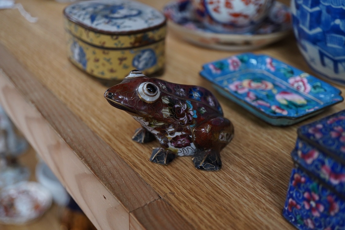 A pair of Chinese blue and white vases and covers and three other items, together with Japanese ceramics, cloisonné and Canton enamelware (11)